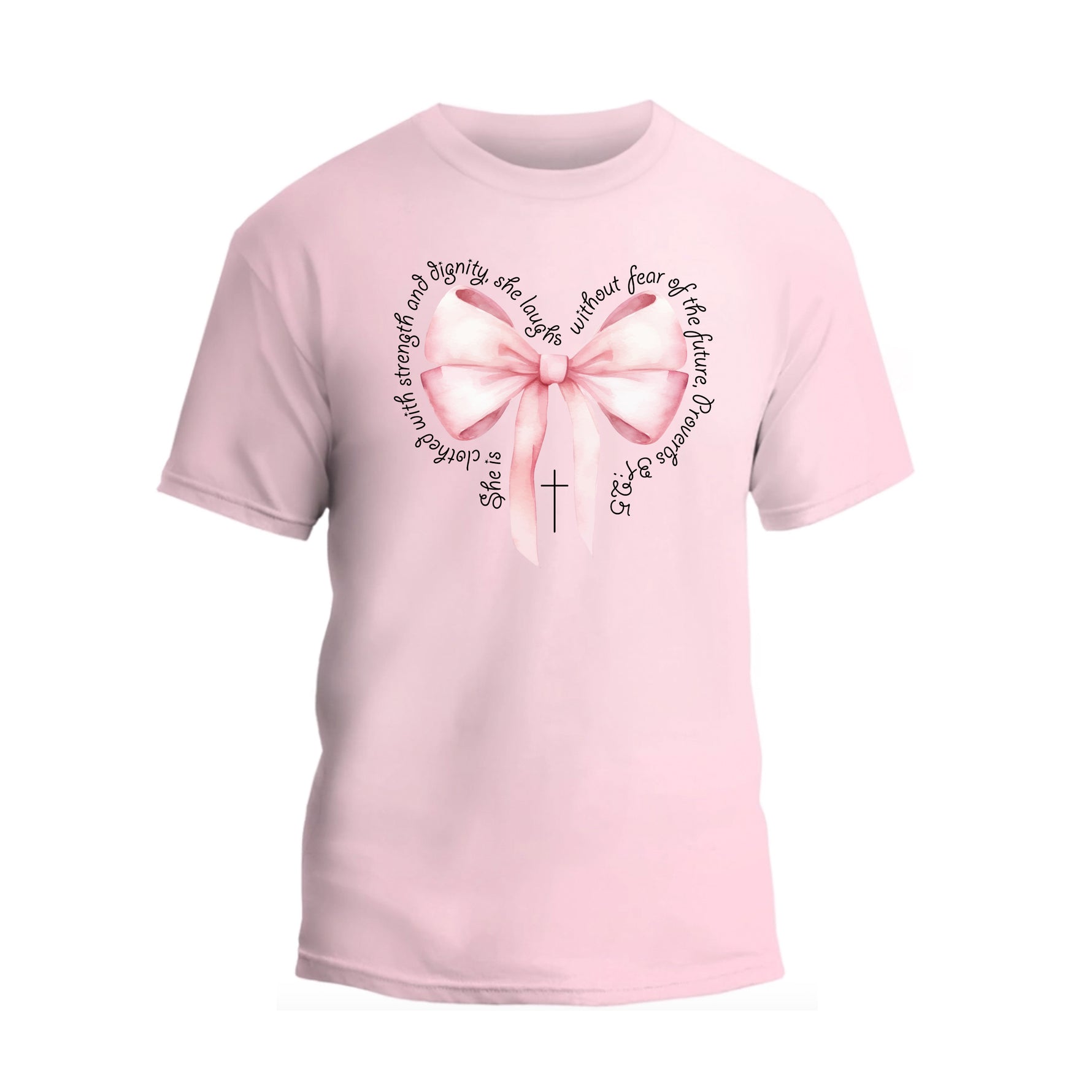 a pink t - shirt with a heart and a cross