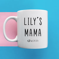 a white coffee mug with the words lilly's mama printed on it