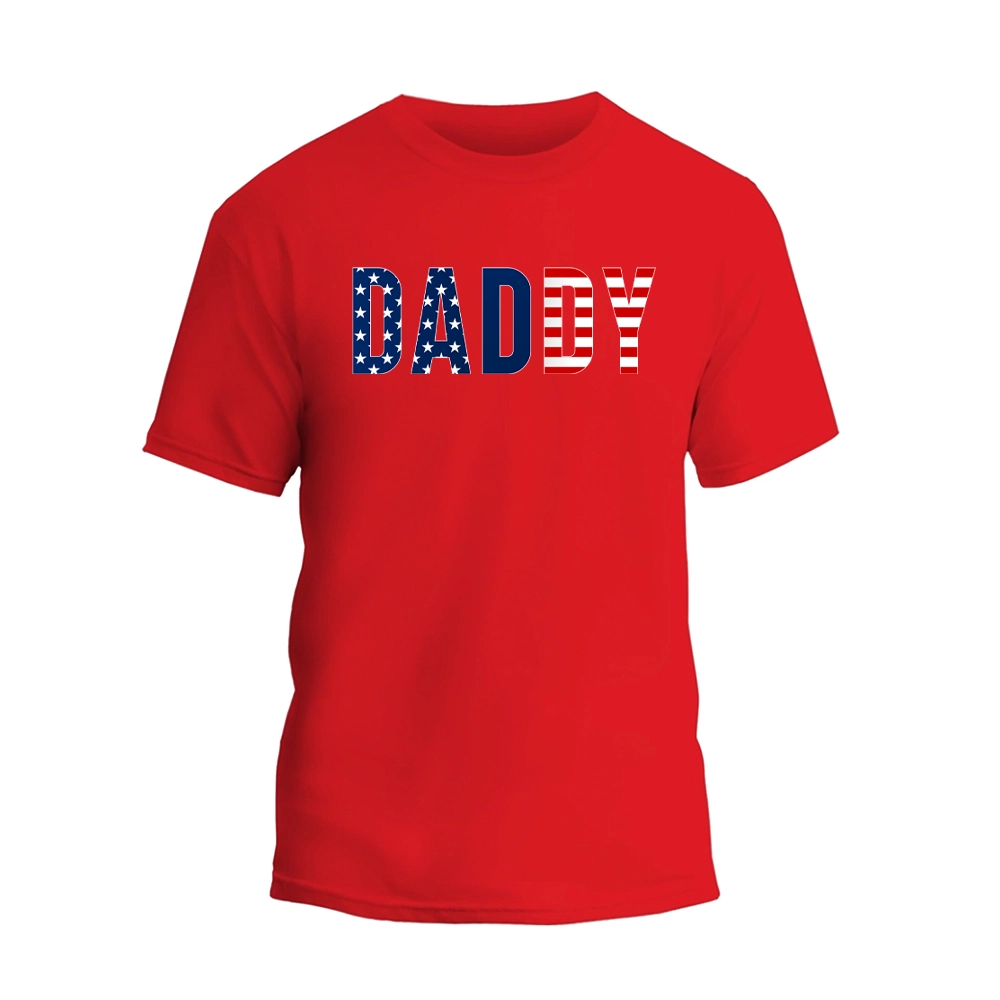 a red t - shirt with the word dad printed on it