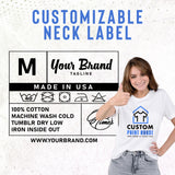 a woman wearing a t - shirt that says customize your brand