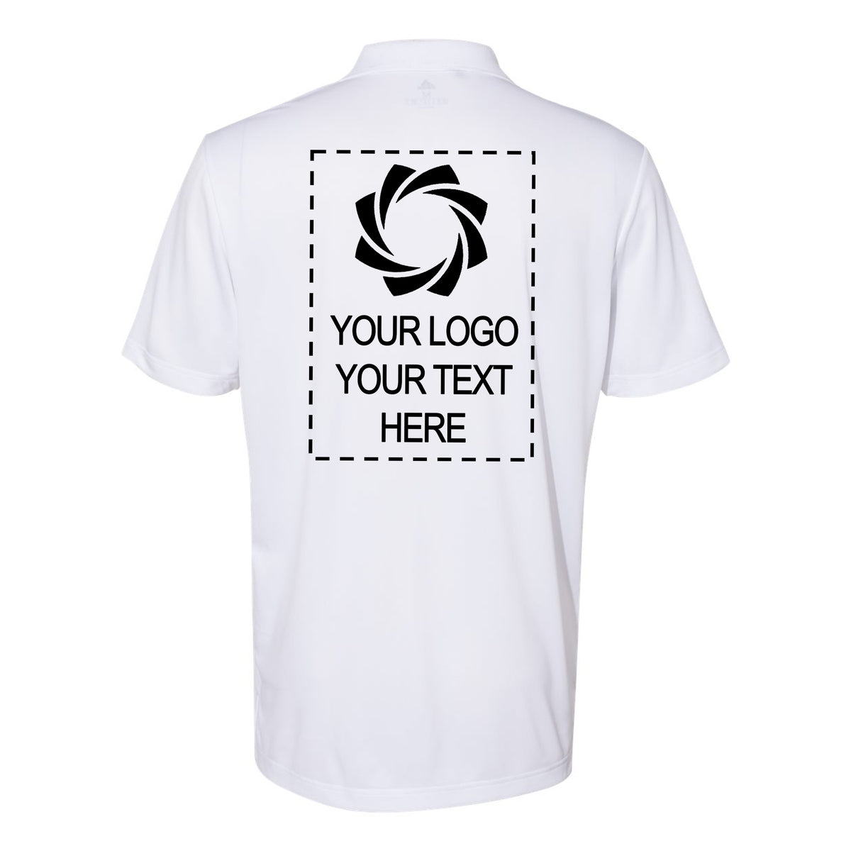 a white polo shirt with a black and white logo