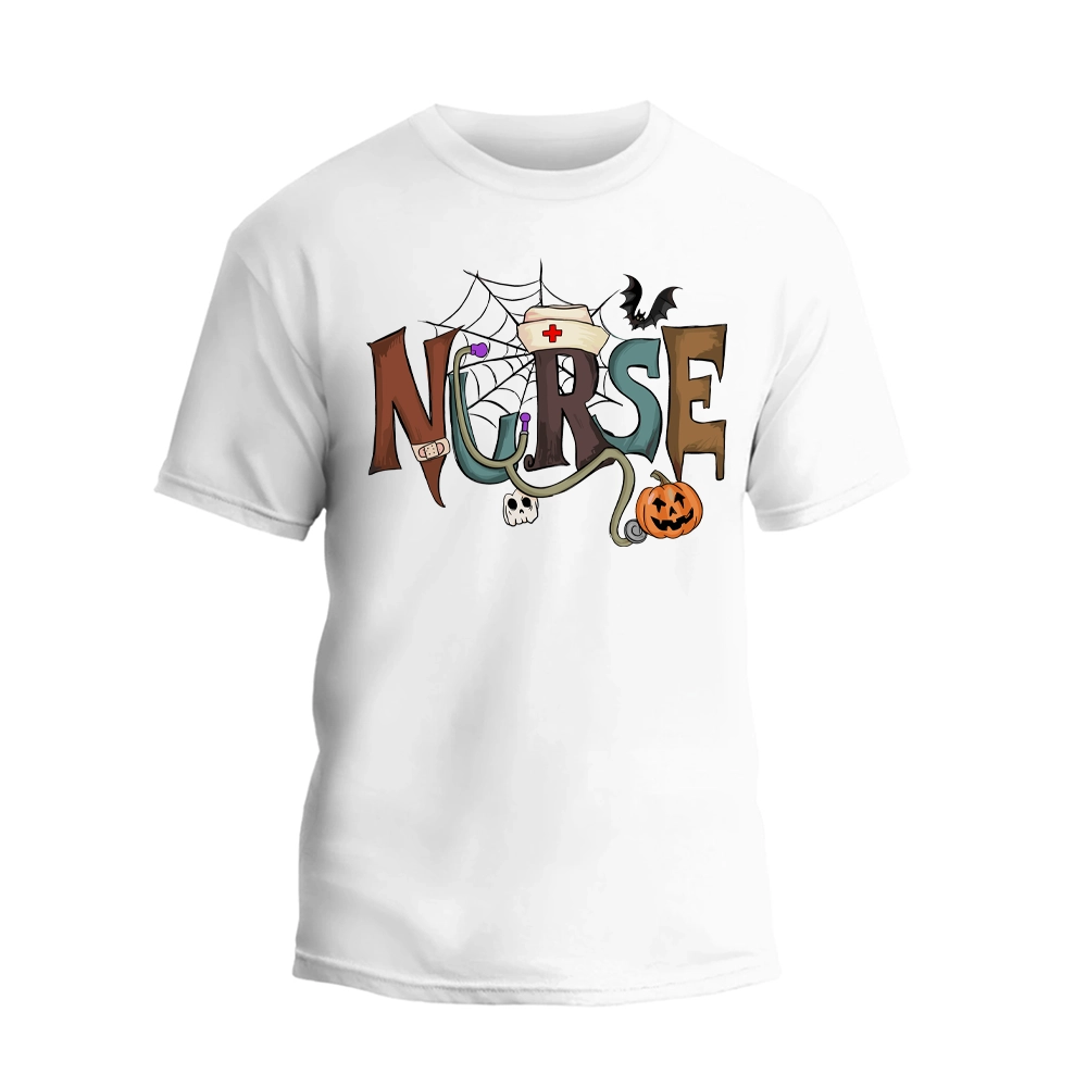 A white t-shirt with the word "NURSE" written in a creative and colorful design, featuring various Halloween-themed elements such as bats, a spider web, a pumpkin, and a nurse's cap.
