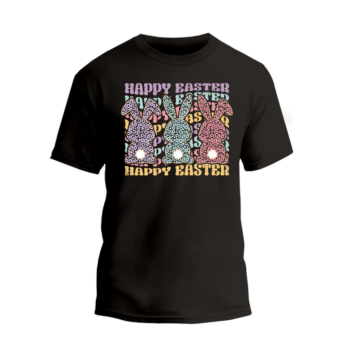 a black t - shirt with the words happy easter on it