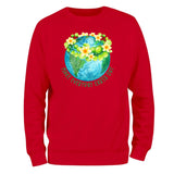 a red sweatshirt with the earth and flowers on it
