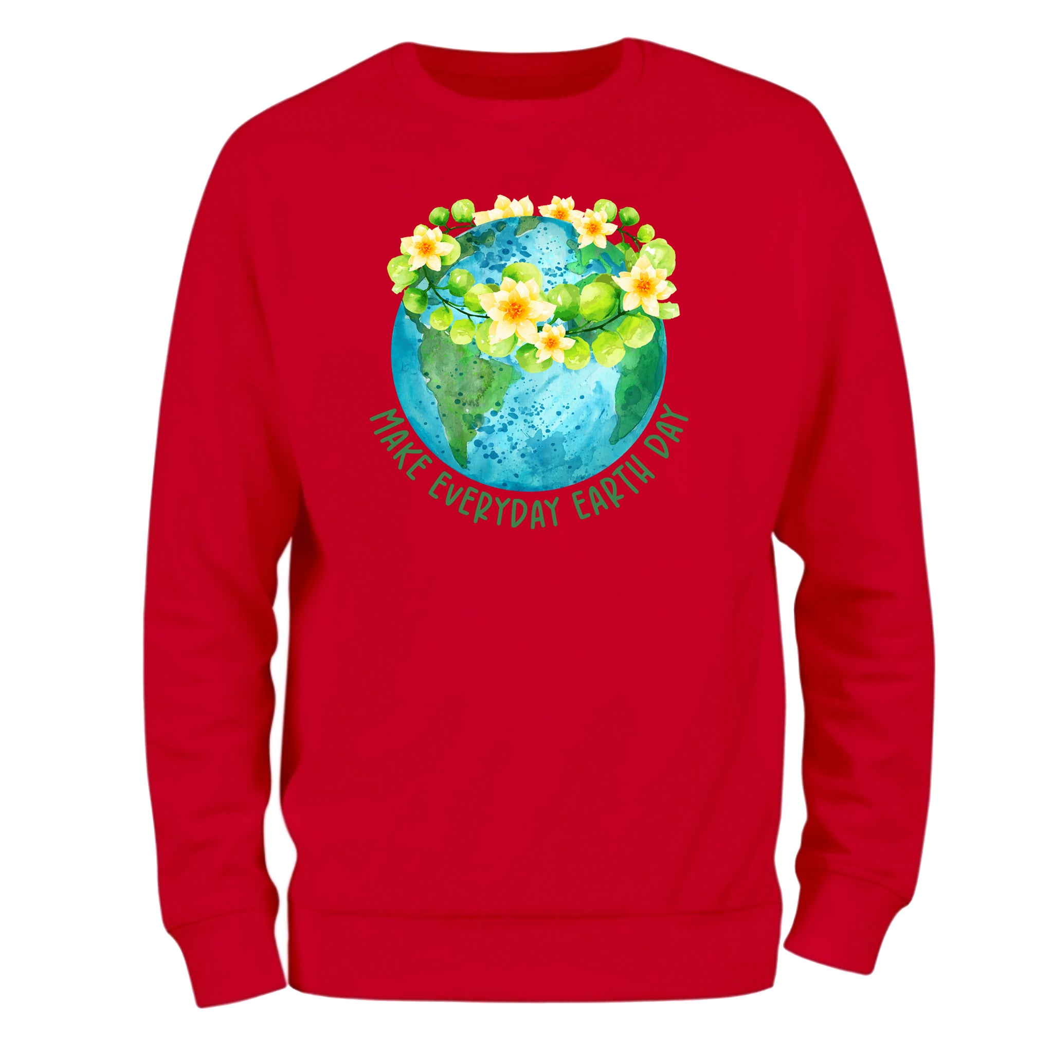 a red sweatshirt with the earth and flowers on it