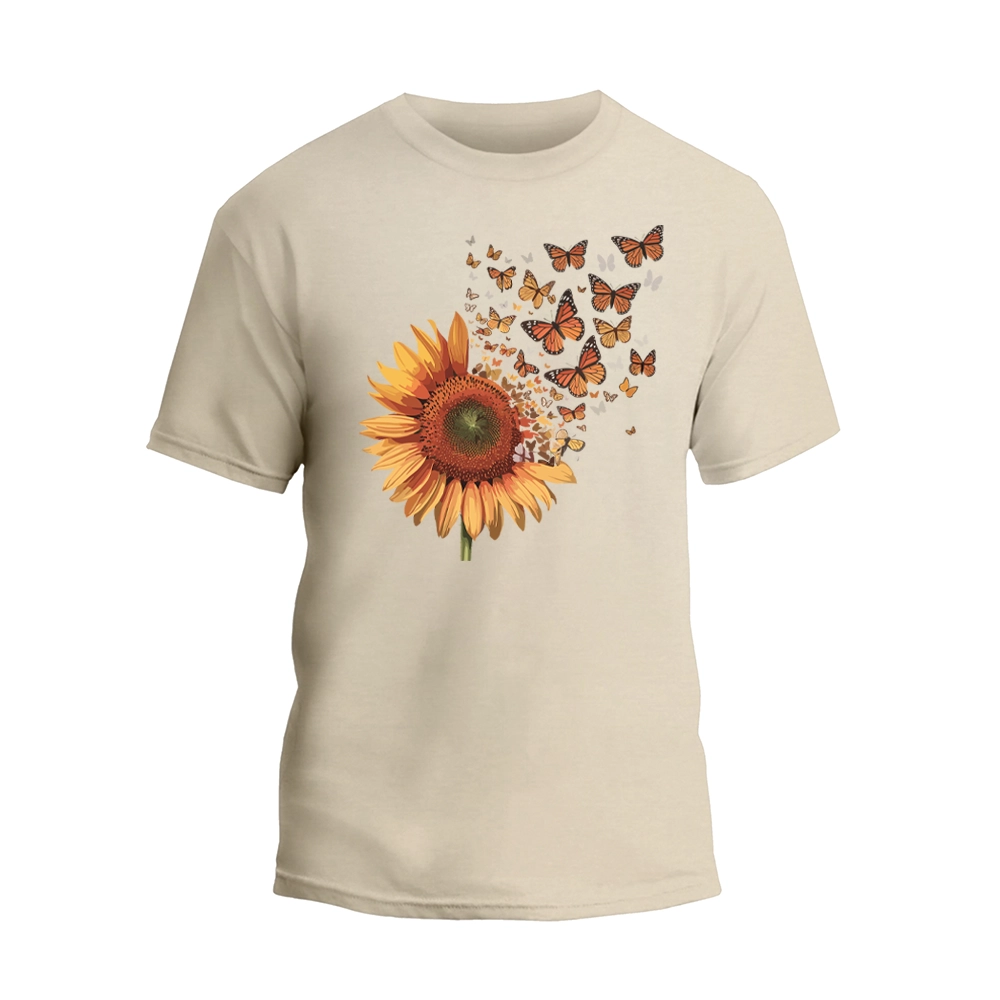 a white t - shirt with a sunflower and butterflies on it