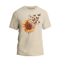 a white t - shirt with a sunflower and butterflies on it