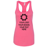 a women's pink tank top with a black logo