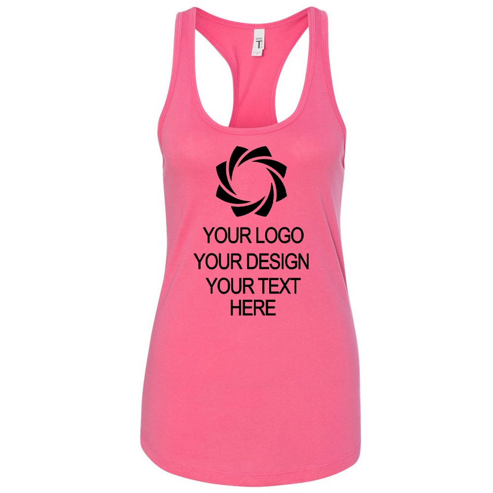a women's pink tank top with a black logo