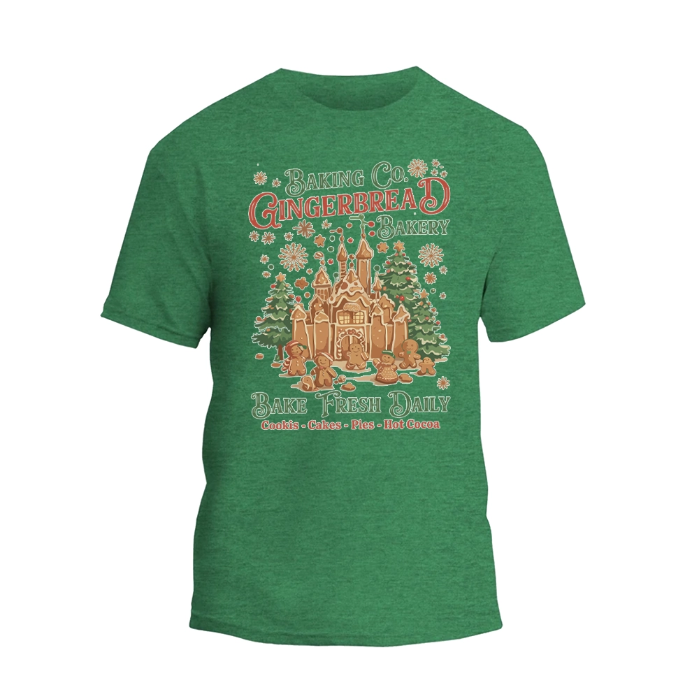 A green t-shirt with a graphic design depicting a gingerbread house and the text "Baking Co. Gingerbread Bakery"