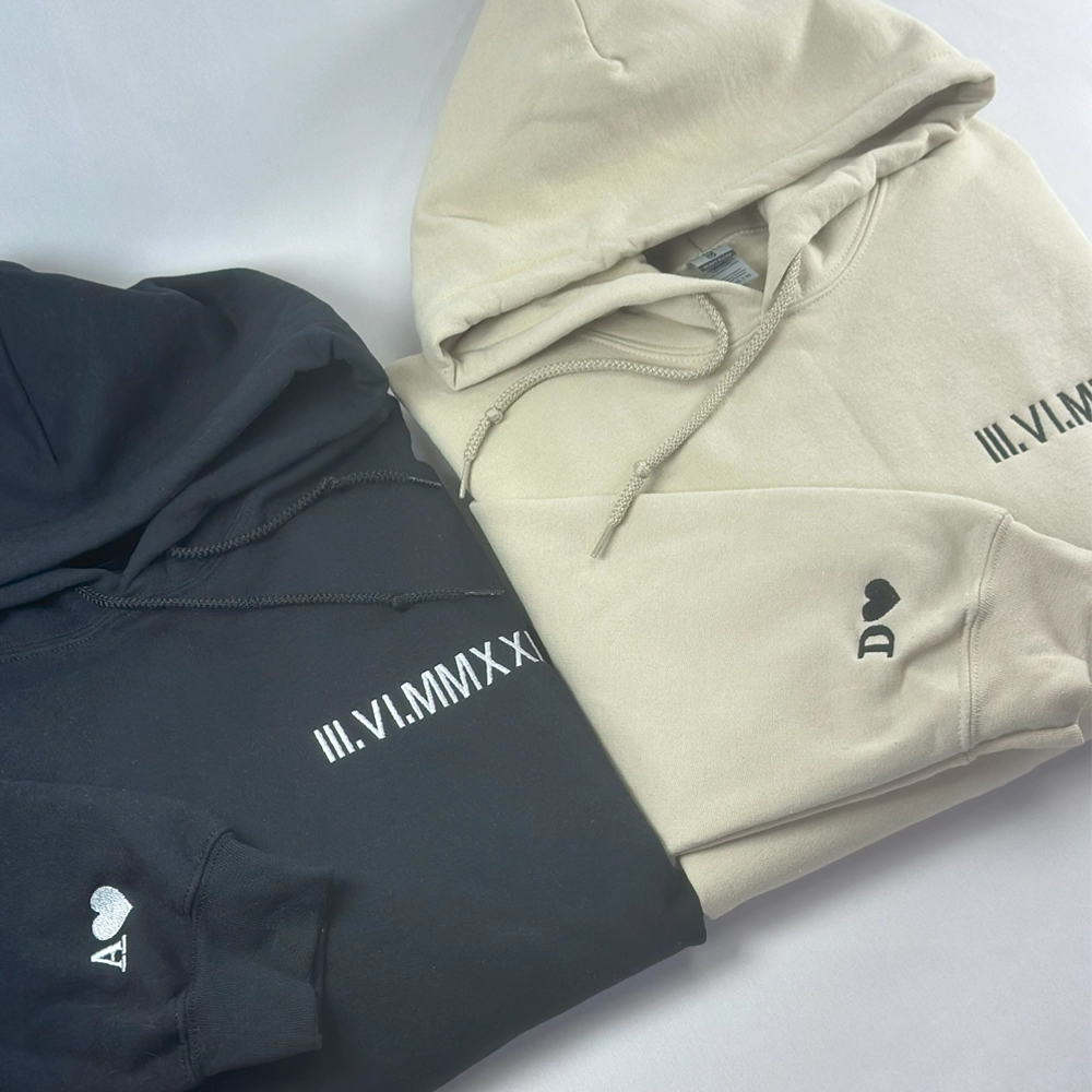 a couple of hoodies sitting on top of a white table