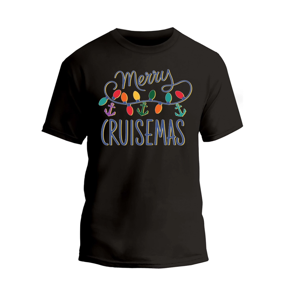 A black t-shirt with a colorful graphic design featuring the text "Merry Cruisesmas" and various nautical elements such as anchors and Christmas lights.