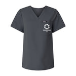 a women's v - neck shirt with a logo on the chest