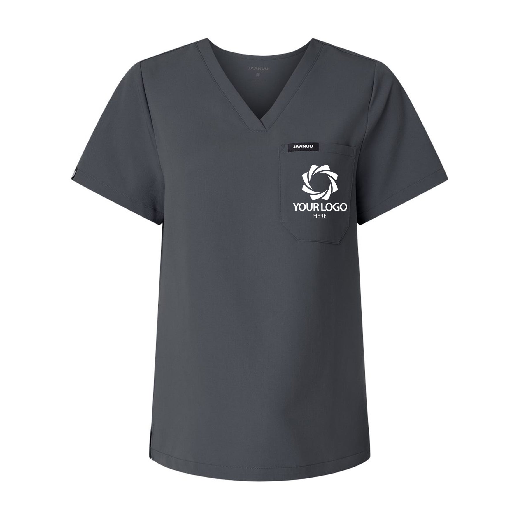 a women's v - neck shirt with a logo on the chest