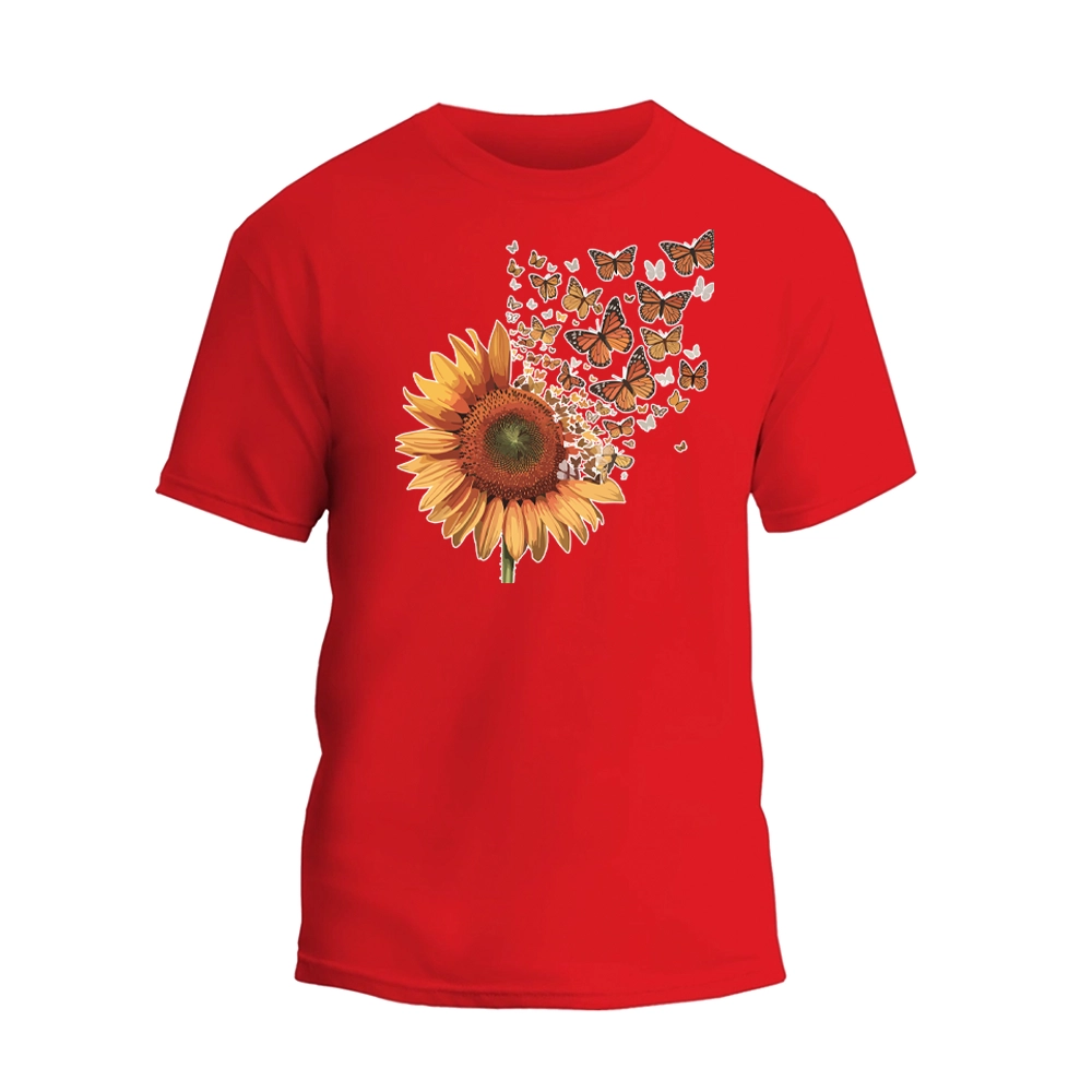 a red t - shirt with a sunflower and butterflies on it