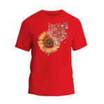a red t - shirt with a sunflower and butterflies on it