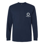 a blue long sleeve shirt with a white logo on the chest