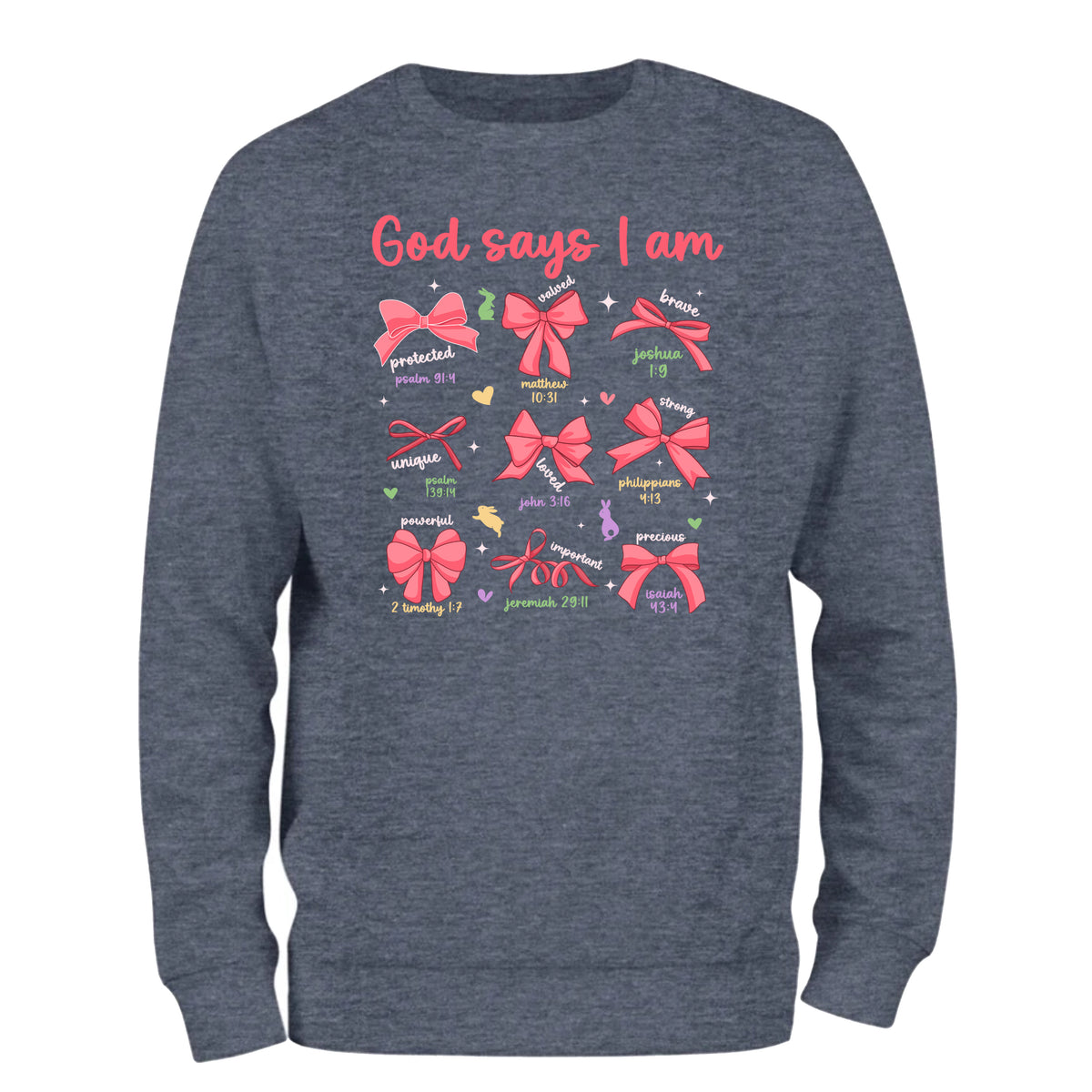 a blue sweatshirt with red bows on it