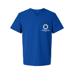 a blue t - shirt with a logo on the chest