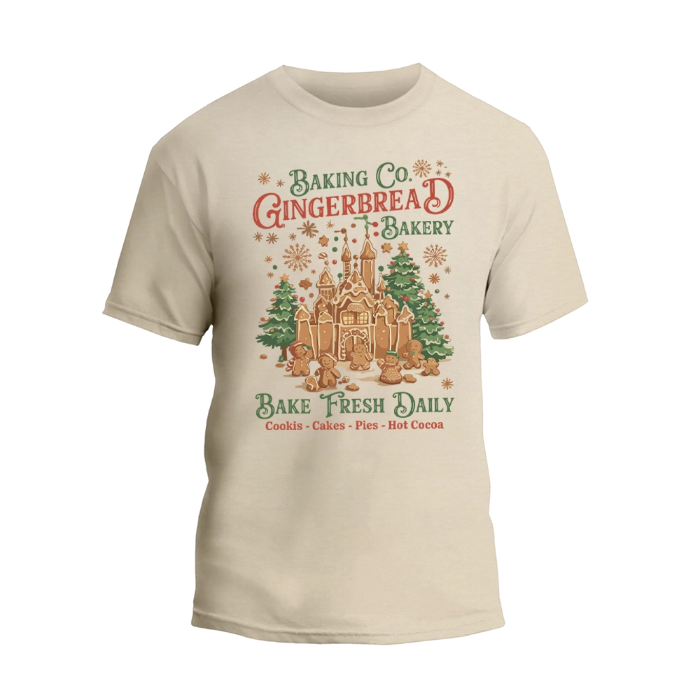 A t-shirt design featuring a gingerbread house and text promoting a bakery.