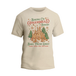 A t-shirt design featuring a gingerbread house and text promoting a bakery.