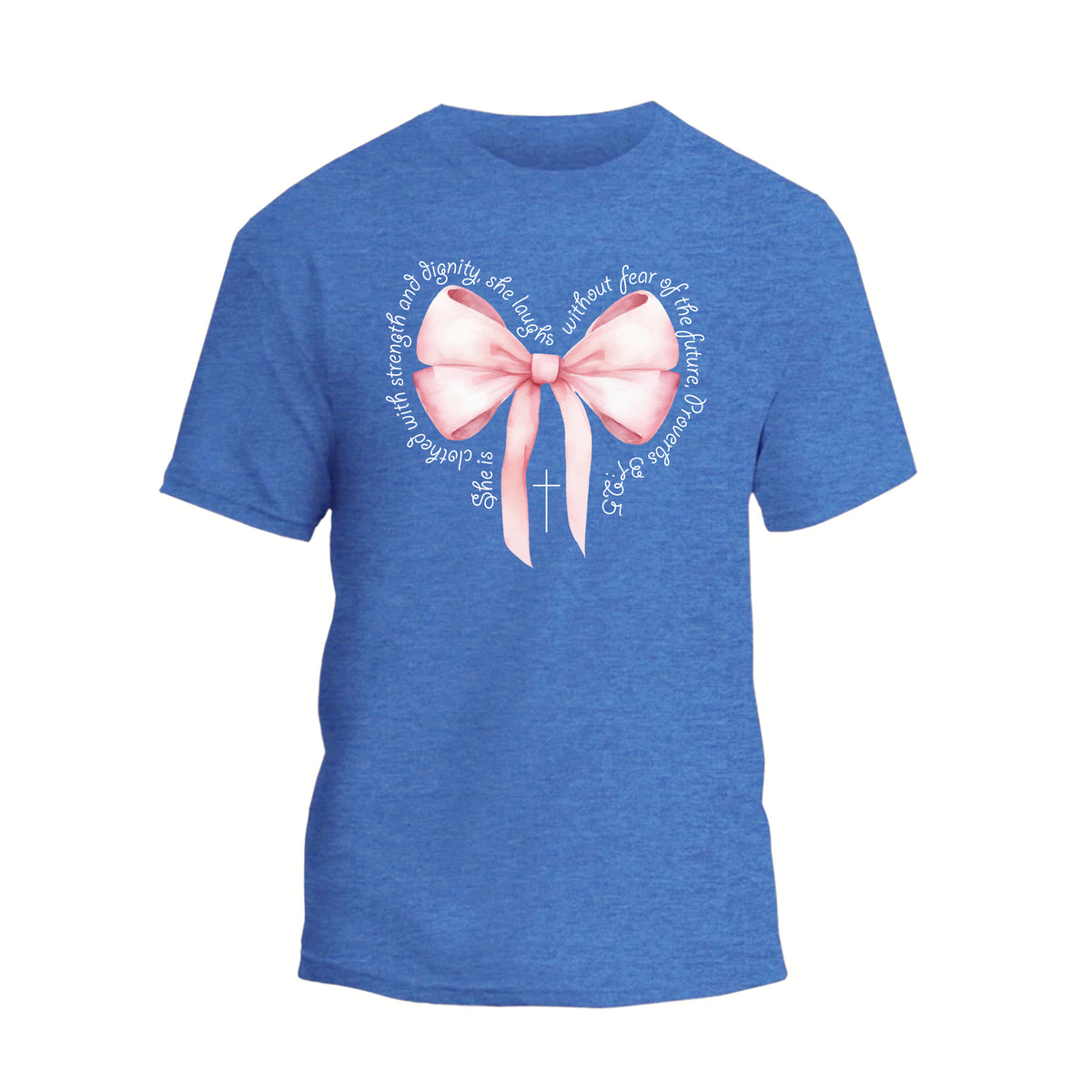 a blue shirt with a pink bow on it