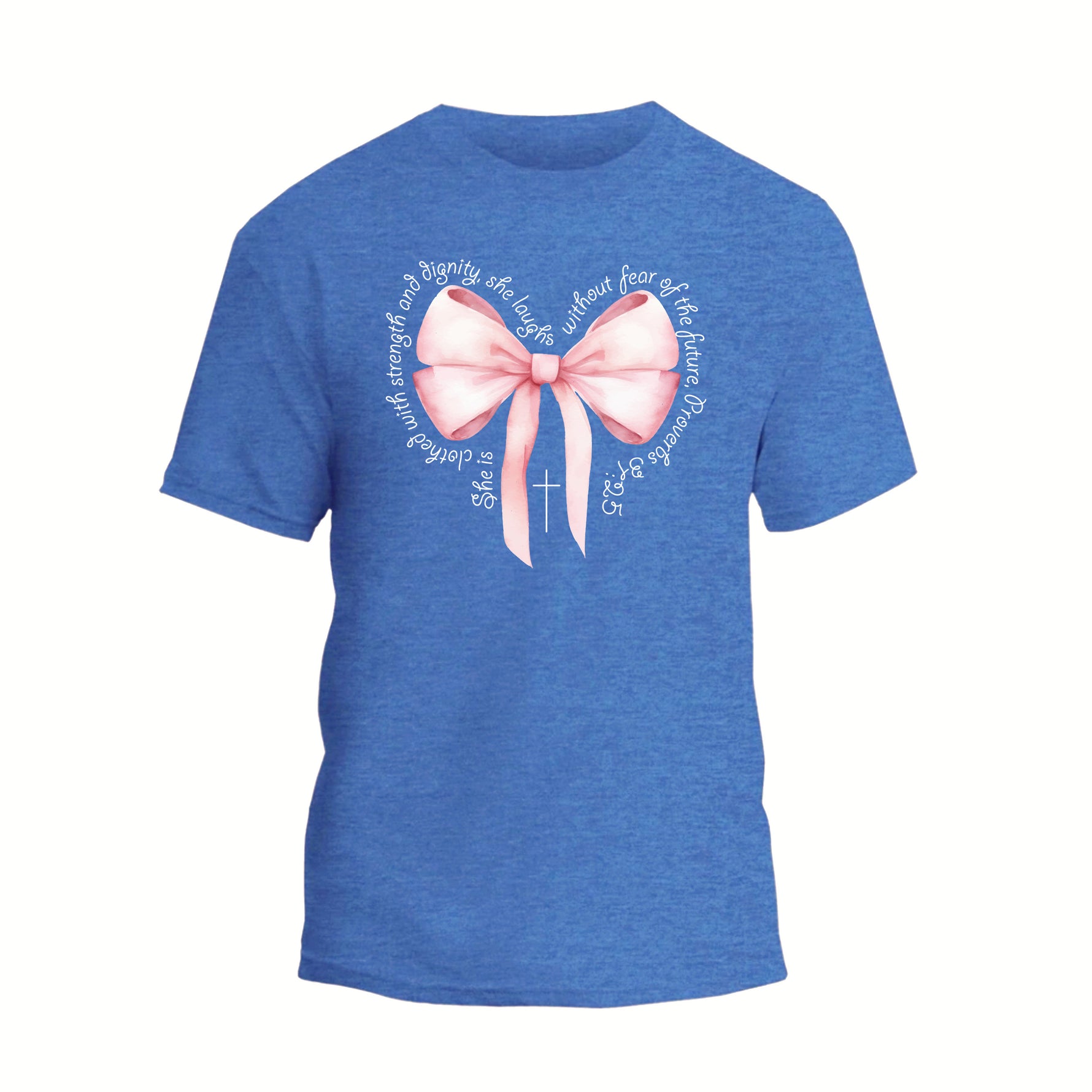 a blue shirt with a pink bow on it