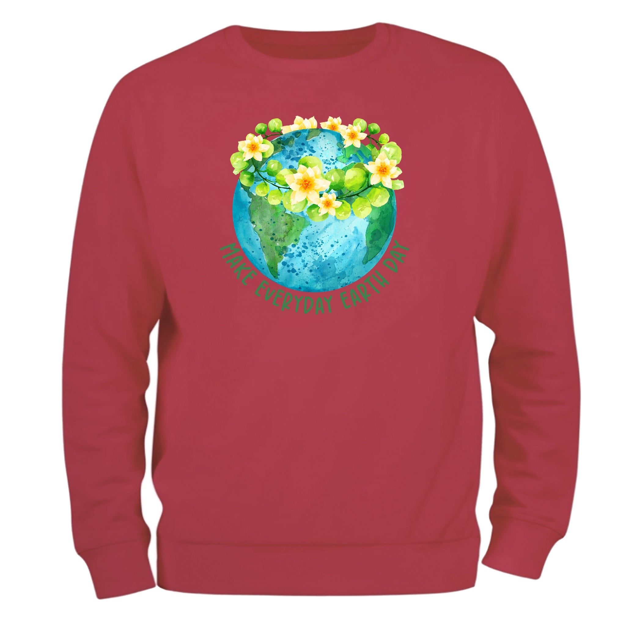 a red sweatshirt with the earth and flowers on it