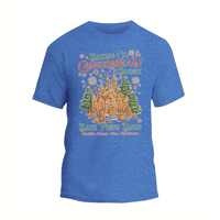 A blue t-shirt with a graphic design depicting a gingerbread house and snowflakes, along with text promoting a bakery.