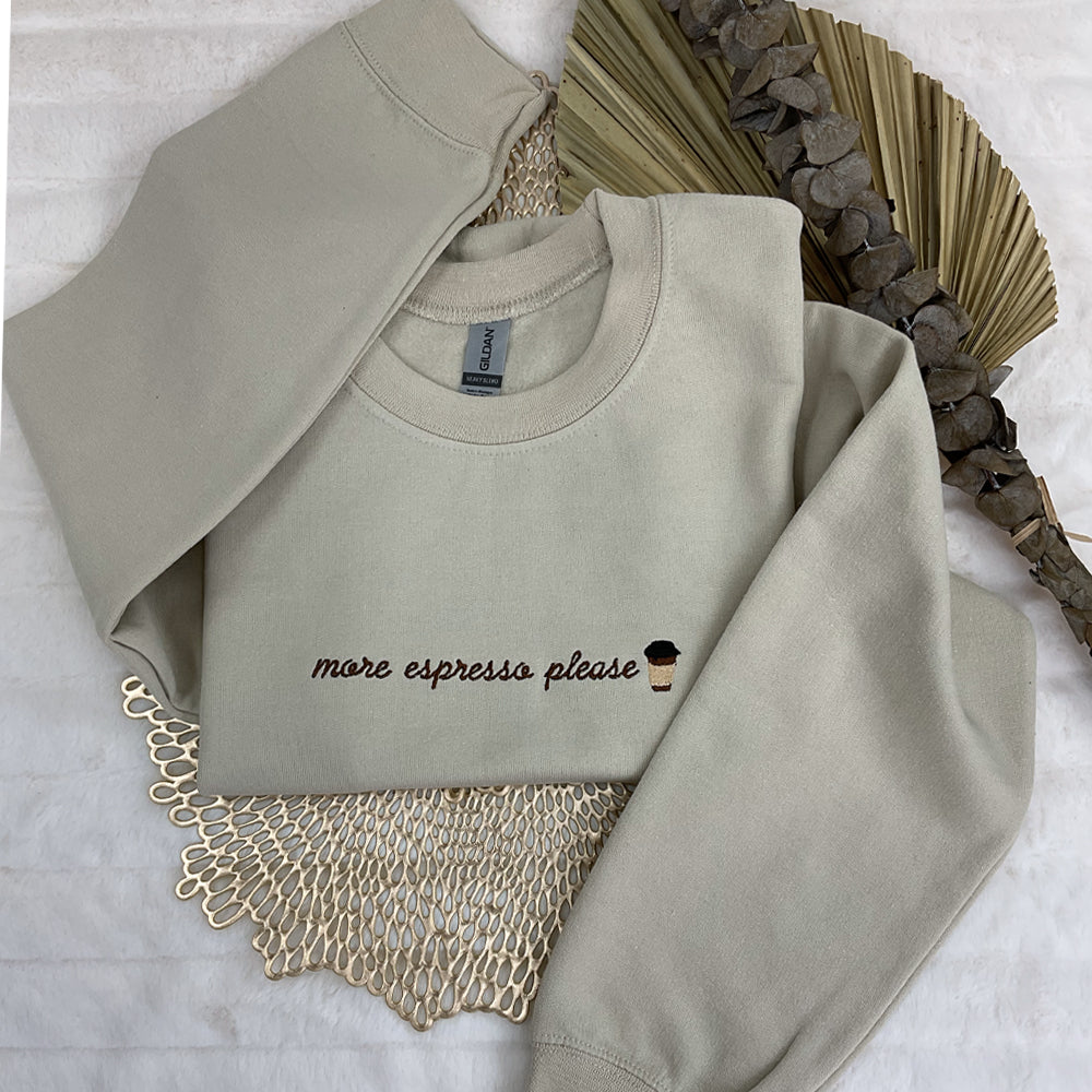 a white sweatshirt with the words more expressions please on it