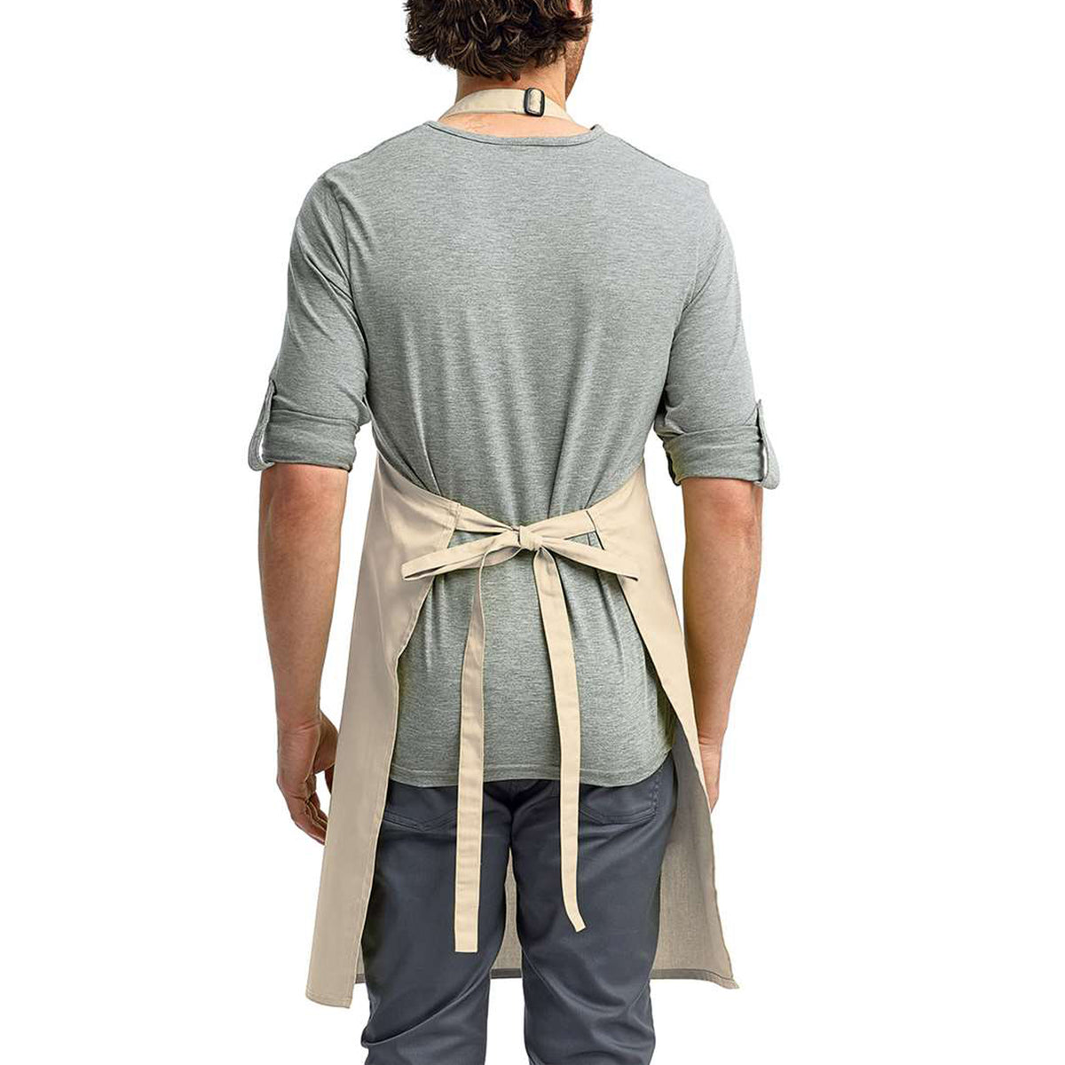 a man in a gray shirt with a tie around his waist