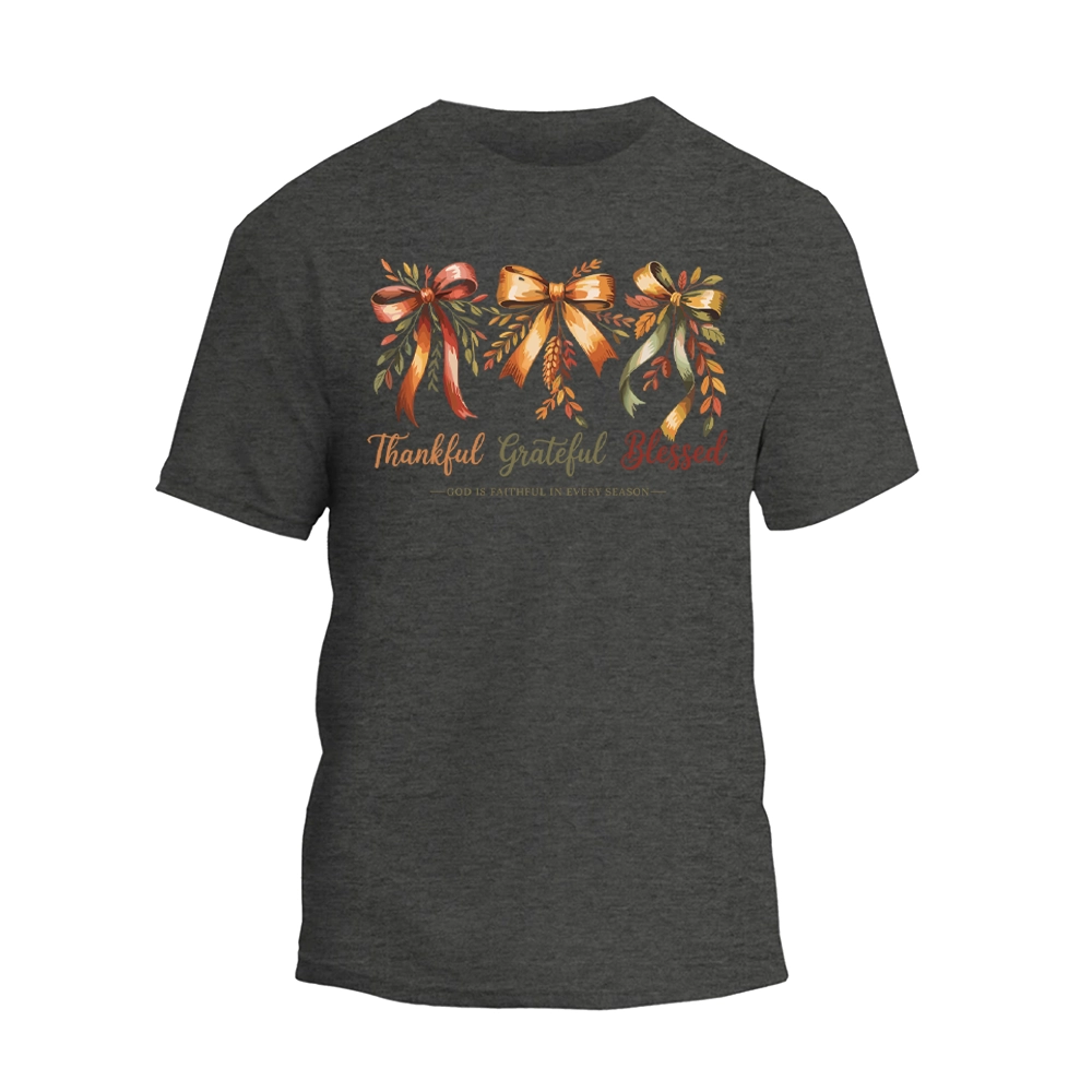 Thankful Grateful Blessed Shirt, Cozy Bow Autumn T-shirt