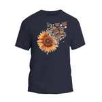 a t - shirt with a sunflower and butterflies on it
