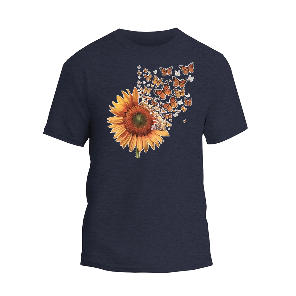 a t - shirt with a sunflower and butterflies on it