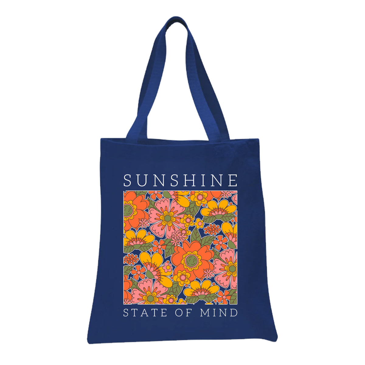 a blue tote bag with a picture of flowers on it