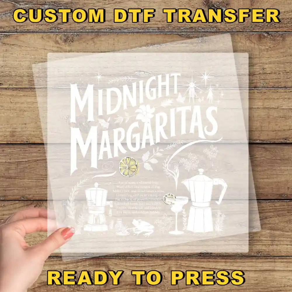 a person holding a piece of paper with the words midnight margaritas ready to press