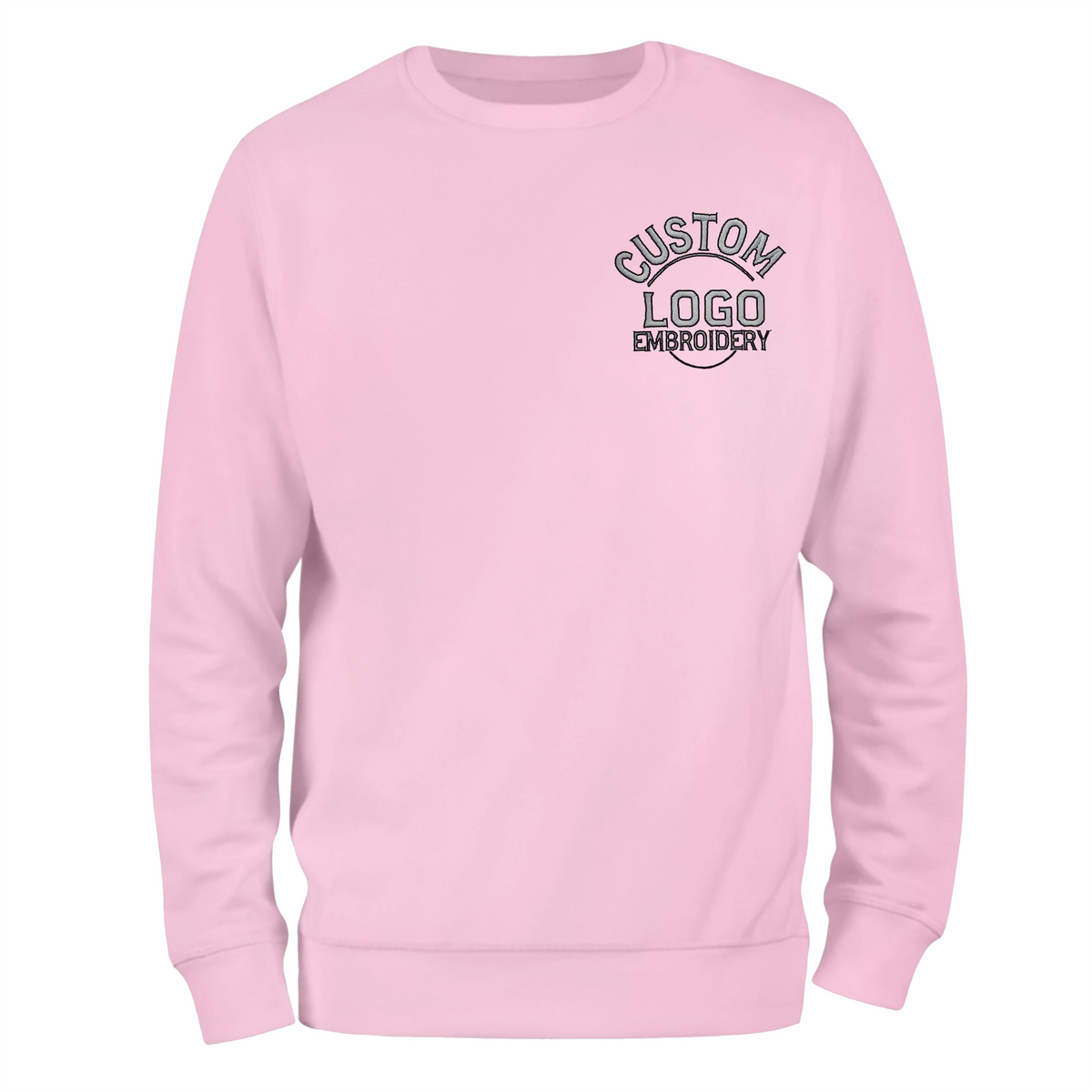 a pink sweatshirt with a black and white logo