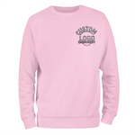 a pink sweatshirt with a black and white logo