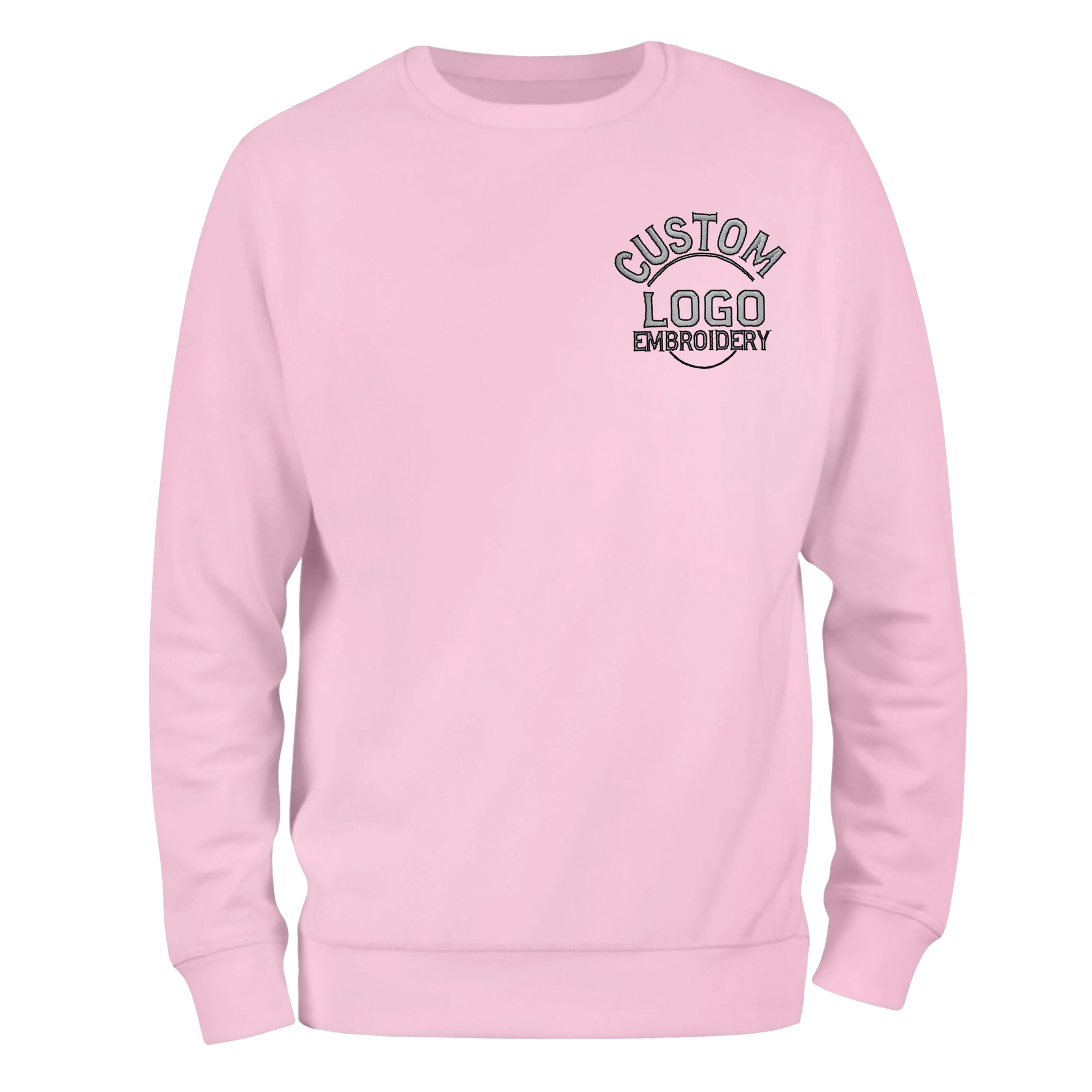 a pink sweatshirt with a black and white logo