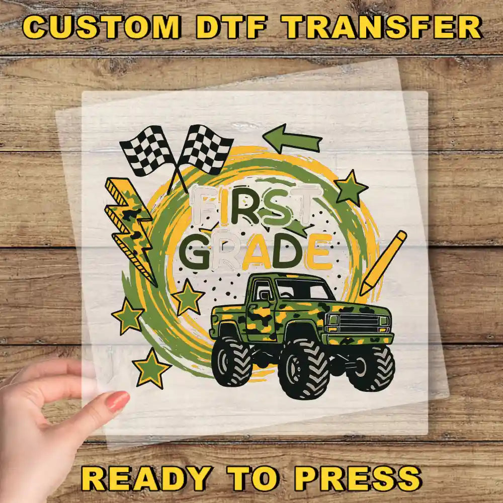 The image is a collage of various images, including a truck, checkered flags, stars, and the text "FIRST GRADE". The collage is ready to be printed, and the phrase "READY TO PRESS" is displayed at the bottom.