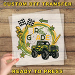 The image is a collage of various images, including a truck, checkered flags, stars, and the text "FIRST GRADE". The collage is ready to be printed, and the phrase "READY TO PRESS" is displayed at the bottom.