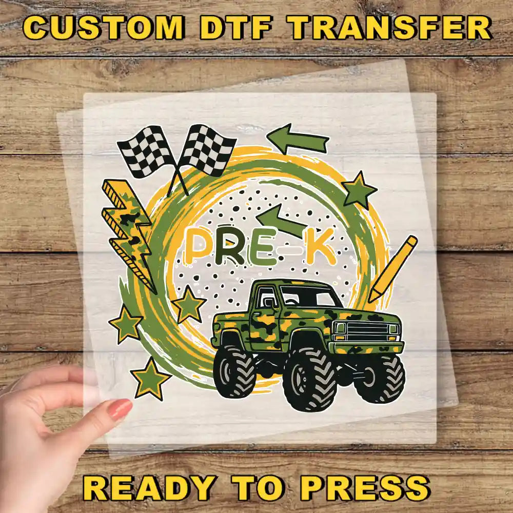 The image is a collage of various images, including a truck, checkered flags, stars, and lightning bolts, all set against a wooden background. The phrase "CUSTOM DTF TRANSFER" is visible at the top, and "READY TO PRESS" is at the bottom, indicating that the image is ready to be printed or transferred.