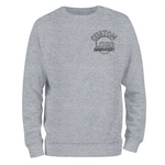 a grey sweatshirt with a black and white logo