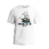 a white t - shirt with a sailing the tea logo on it