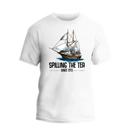 a white t - shirt with a sailing the tea logo on it