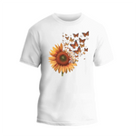a white t - shirt with a sunflower and butterflies on it
