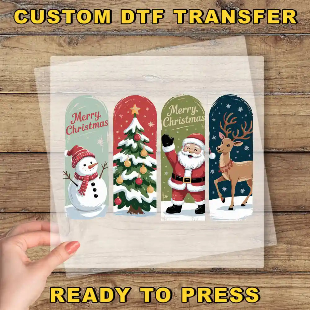 The image is a collage of four Christmas-themed illustrations, including a snowman, a Santa Claus figure, a reindeer, and a Christmas tree.