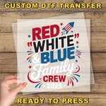 a red, white and blue family crew sign
