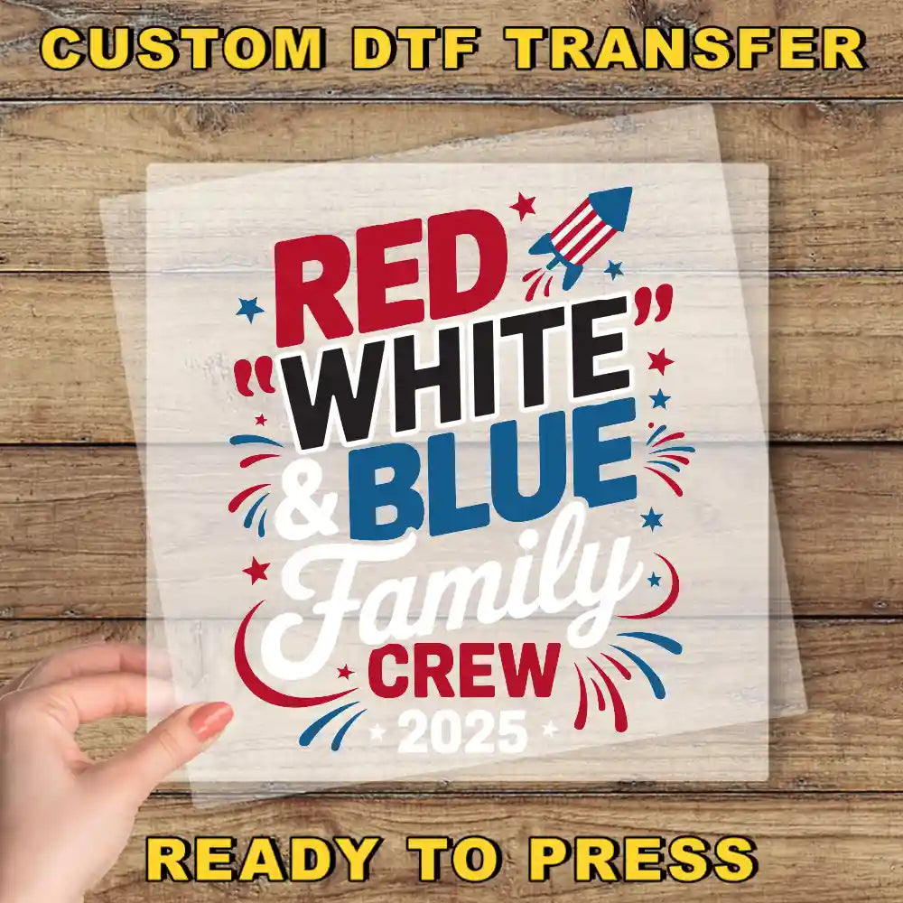 a red, white and blue family crew sign