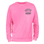 a pink sweatshirt with a black and white logo